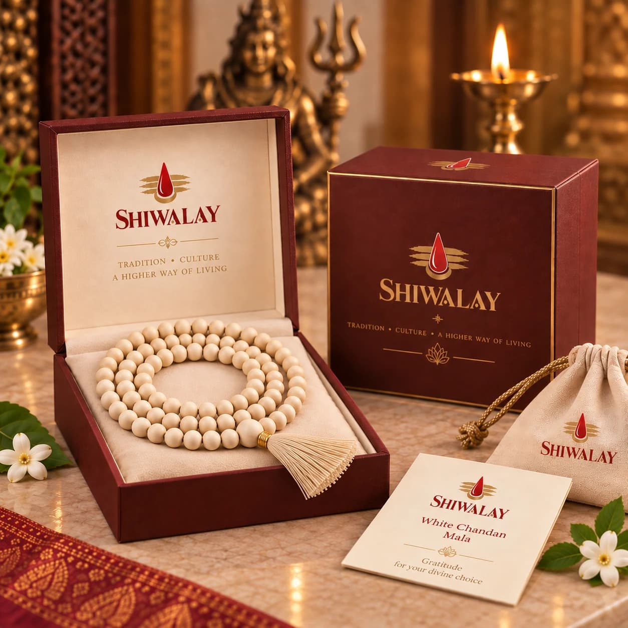 white chandan mala in the Shiwalay gift box with pouch and card
